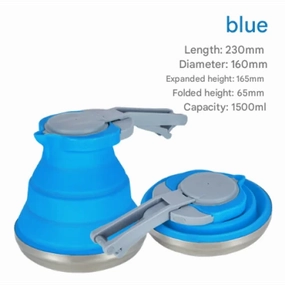 Todays Hot Pick Flash Pick Today Blue 1.5L Collapsible Silicone Camping Kettle - Portable Foldable Travel Water Boiler, Stainless Steel Base