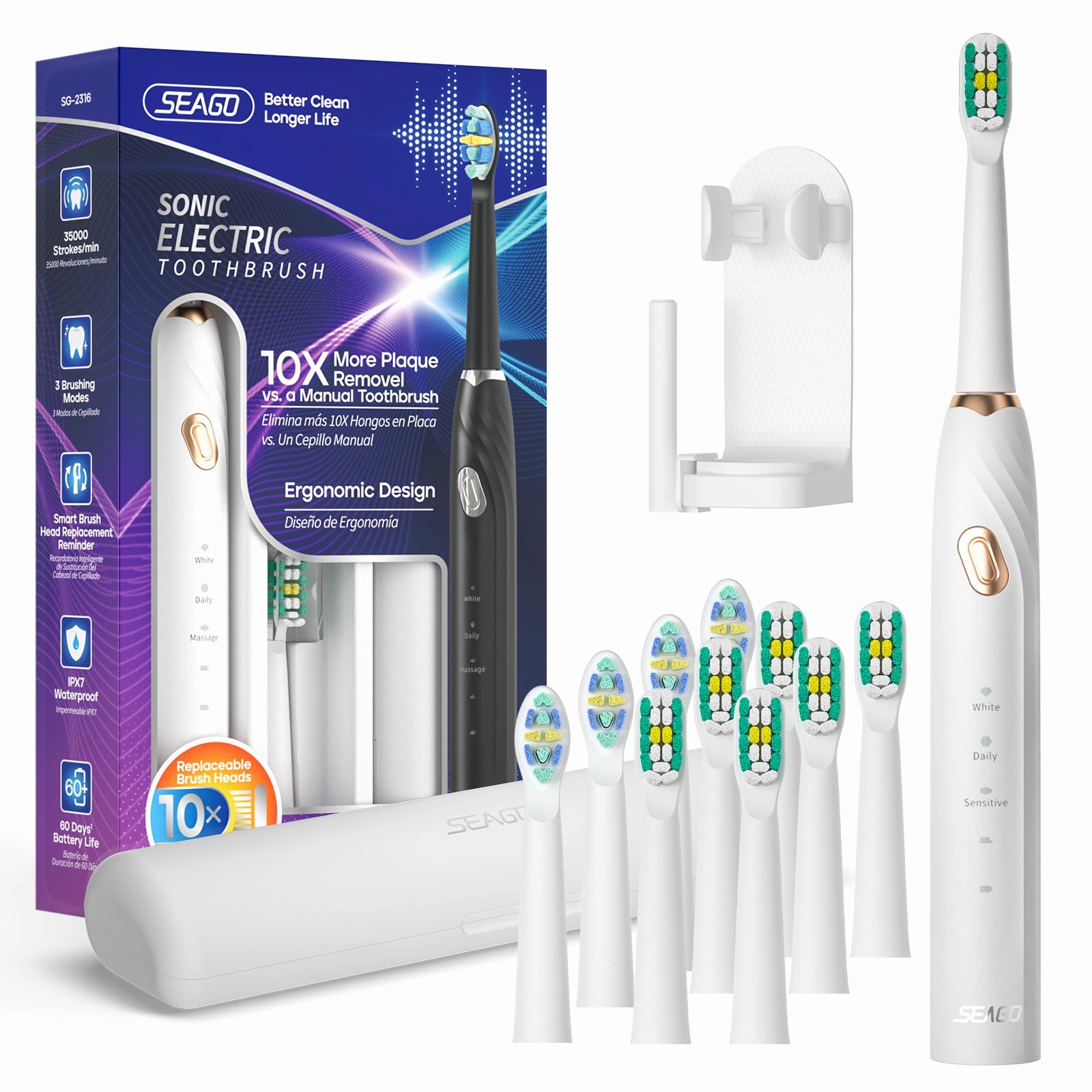 Shop Grab Savings Seago Electric Toothbrush With 10 Toothbrush Heads, Travel Toothbrush With Travel Case &Amp; Toothbrush Holder, Smart Toothbrush With Timer - For Adults, Boys And Girls Sg2316
