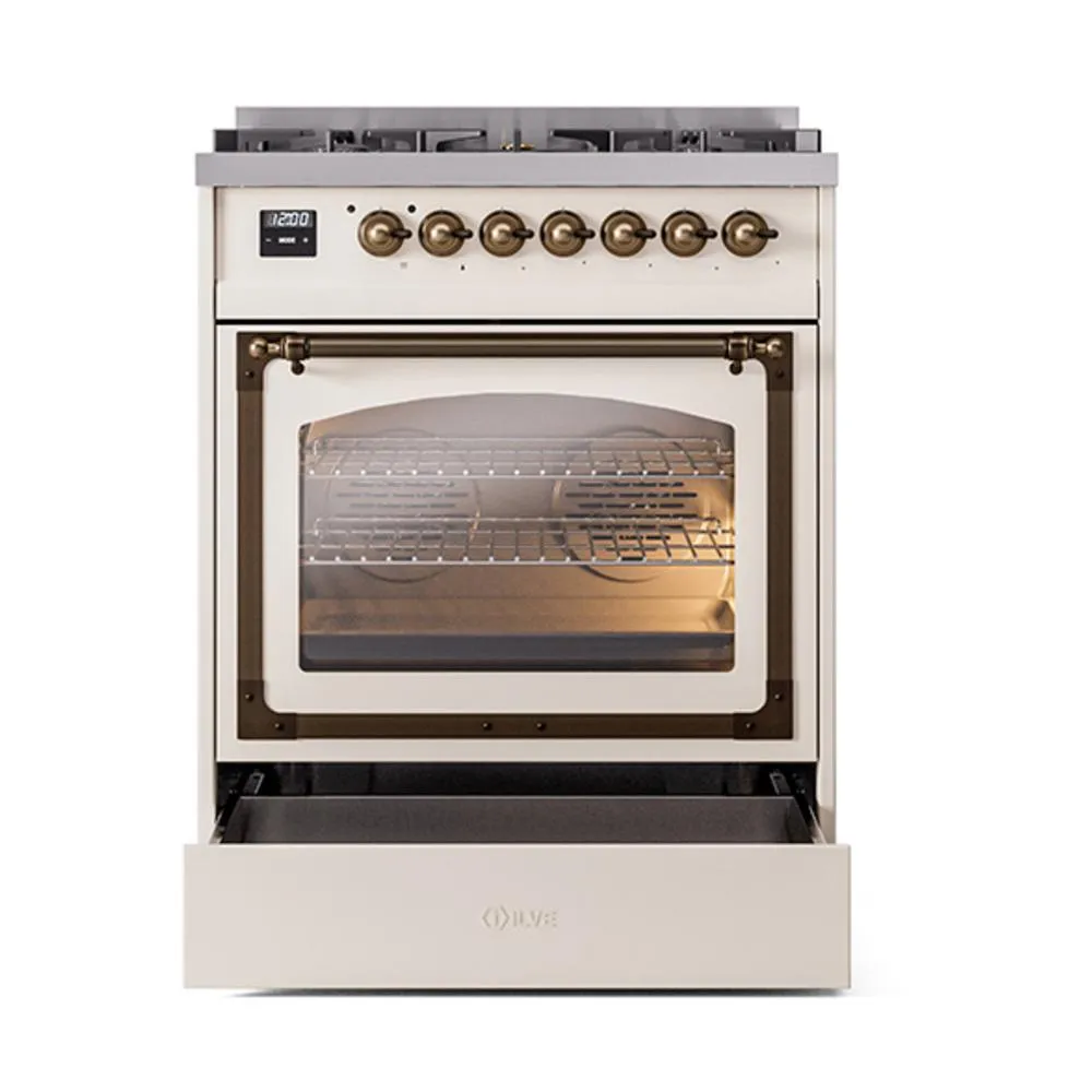 Ilve UN30NMPAWBLP Ilve Un30Nmpawblp Nostalgie Ii Noblesse 30" Dual Fuel Range (Liquid Propane, Triple Glass Door, Antique White, Burnished)