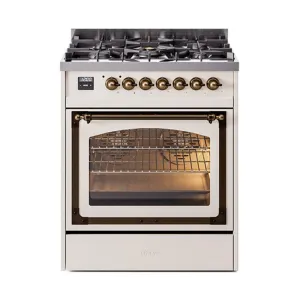 Ilve UN30NMPAWBLP Ilve Un30Nmpawblp Nostalgie Ii Noblesse 30" Dual Fuel Range (Liquid Propane, Triple Glass Door, Antique White, Burnished)