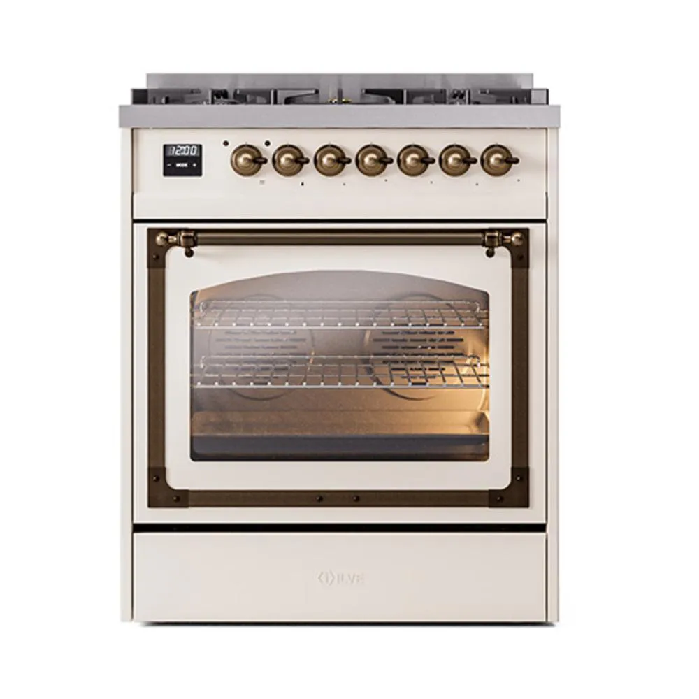 Ilve UN30NMPAWBLP Ilve Un30Nmpawblp Nostalgie Ii Noblesse 30" Dual Fuel Range (Liquid Propane, Triple Glass Door, Antique White, Burnished)