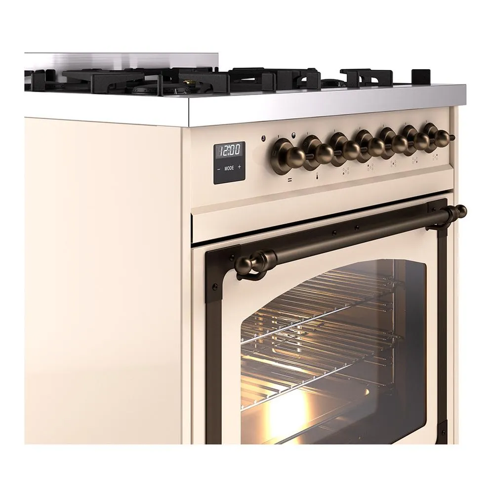 Ilve UN30NMPAWBLP Ilve Un30Nmpawblp Nostalgie Ii Noblesse 30" Dual Fuel Range (Liquid Propane, Triple Glass Door, Antique White, Burnished)