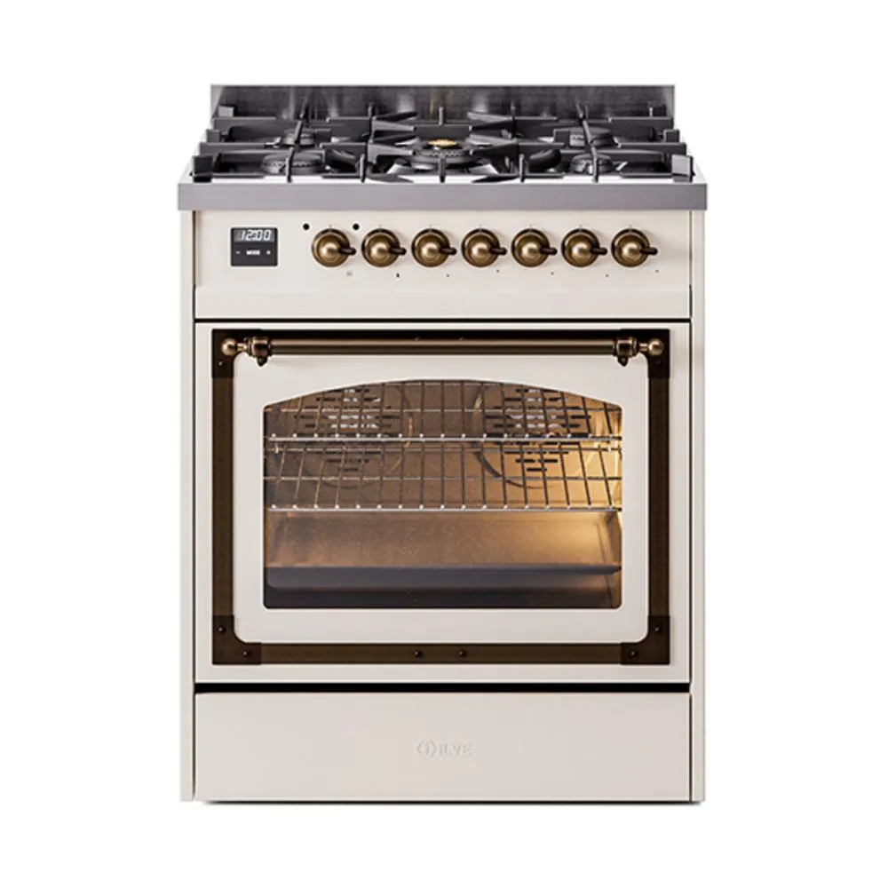 Ilve UN30NMPAWBLP Ilve Un30Nmpawblp Nostalgie Ii Noblesse 30" Dual Fuel Range (Liquid Propane, Triple Glass Door, Antique White, Burnished)