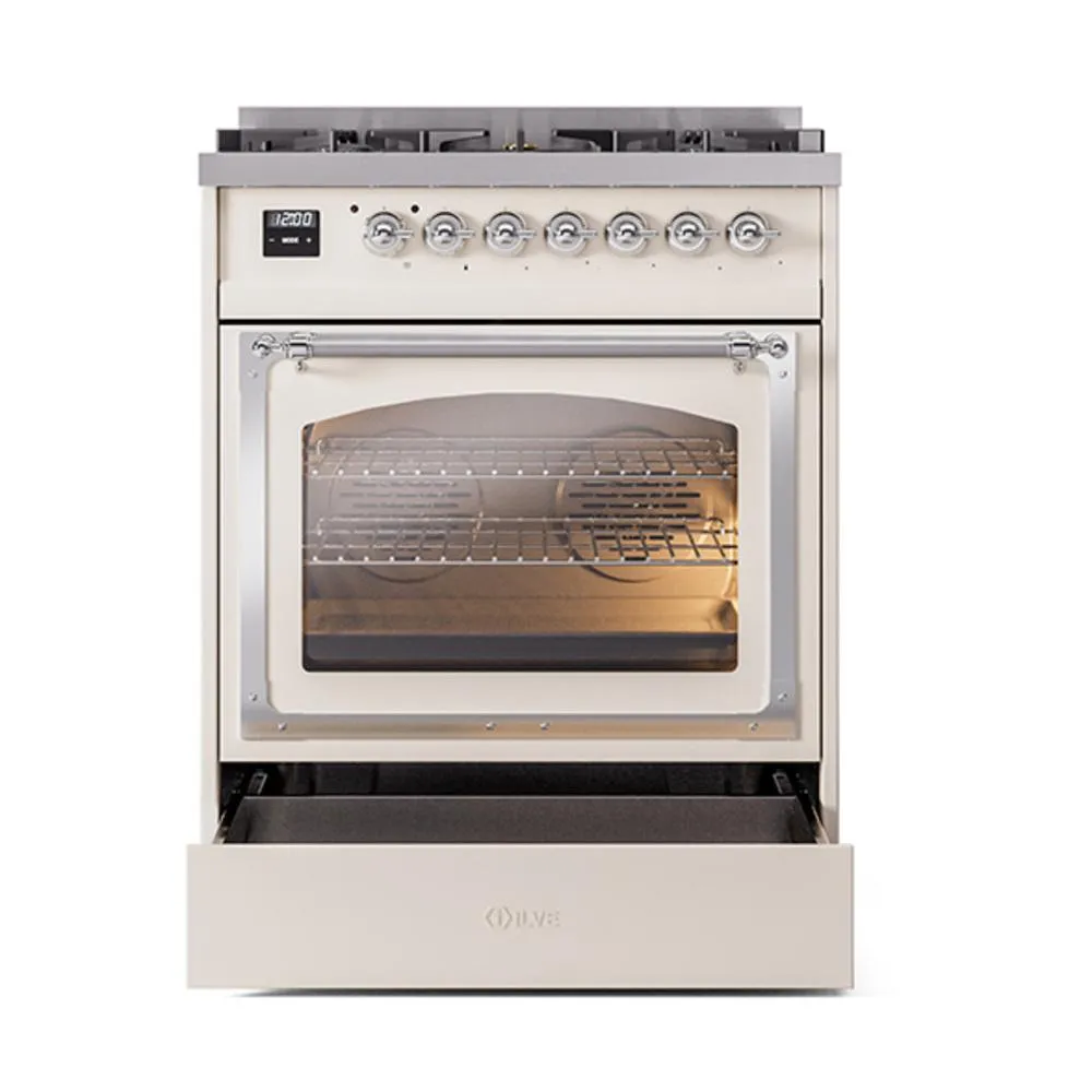 Ilve UN30NMPAWC Ilve Un30Nmpawc Nostalgie Ii Noblesse 30" Dual Fuel Range (Natural Gas, Triple Glass Door, Antique White, Chrome)