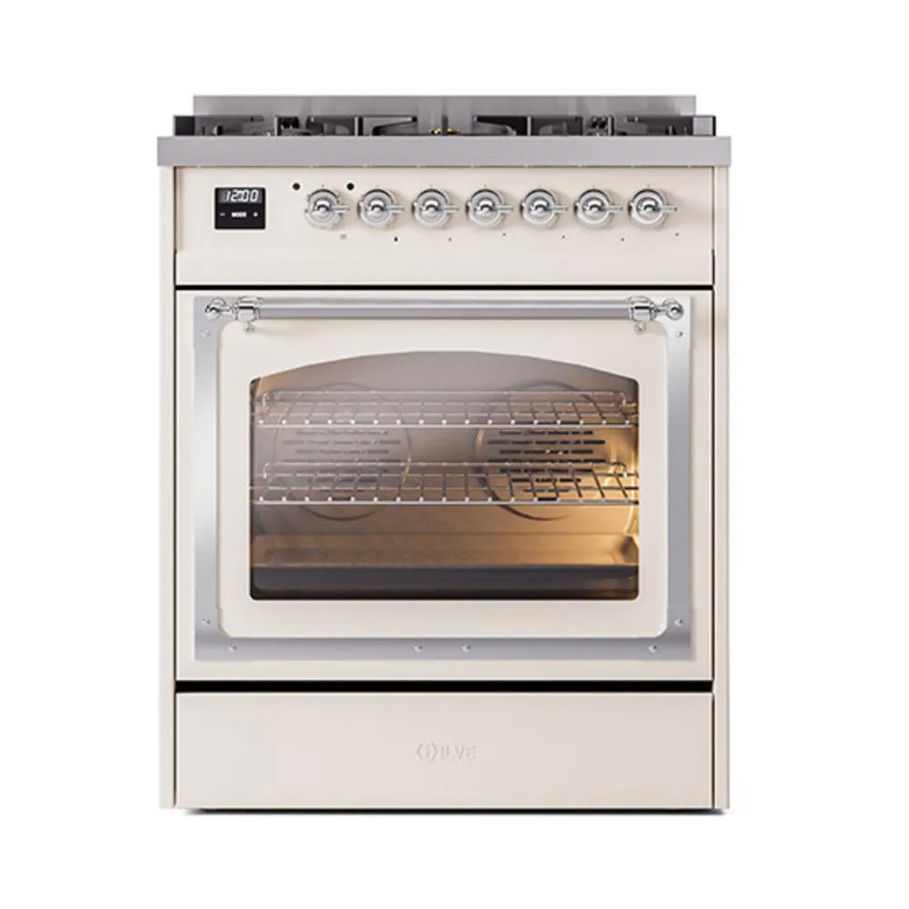 Ilve UN30NMPAWC Ilve Un30Nmpawc Nostalgie Ii Noblesse 30" Dual Fuel Range (Natural Gas, Triple Glass Door, Antique White, Chrome)