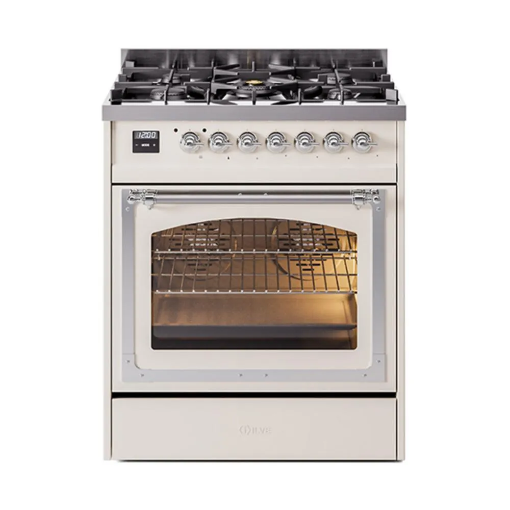 Ilve UN30NMPAWCLP Ilve Un30Nmpawclp Nostalgie Ii Noblesse 30" Dual Fuel Range (Liquid Propane, Triple Glass Door, Antique White, Chrome)