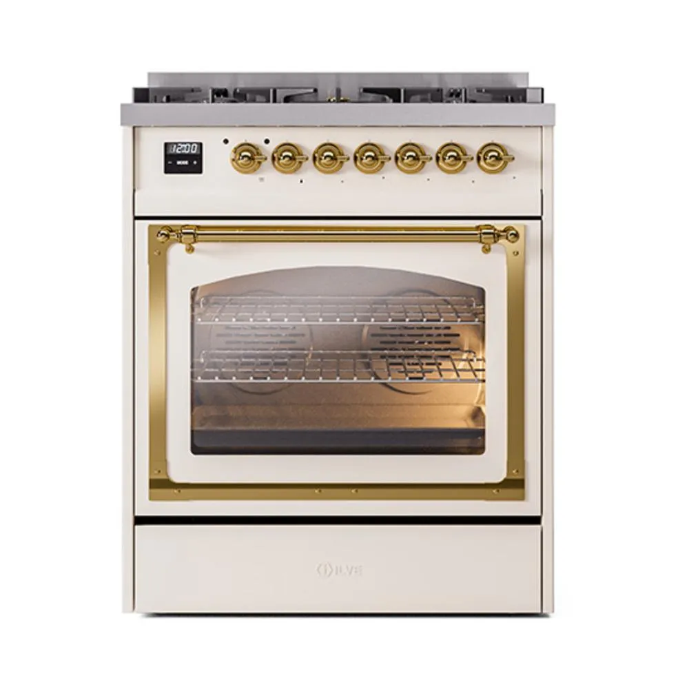 Ilve UN30NMPAWGLP Ilve Un30Nmpawglp Nostalgie Ii Noblesse 30" Dual Fuel Range (Liquid Propane, Triple Glass Door, Antique White, Brass)