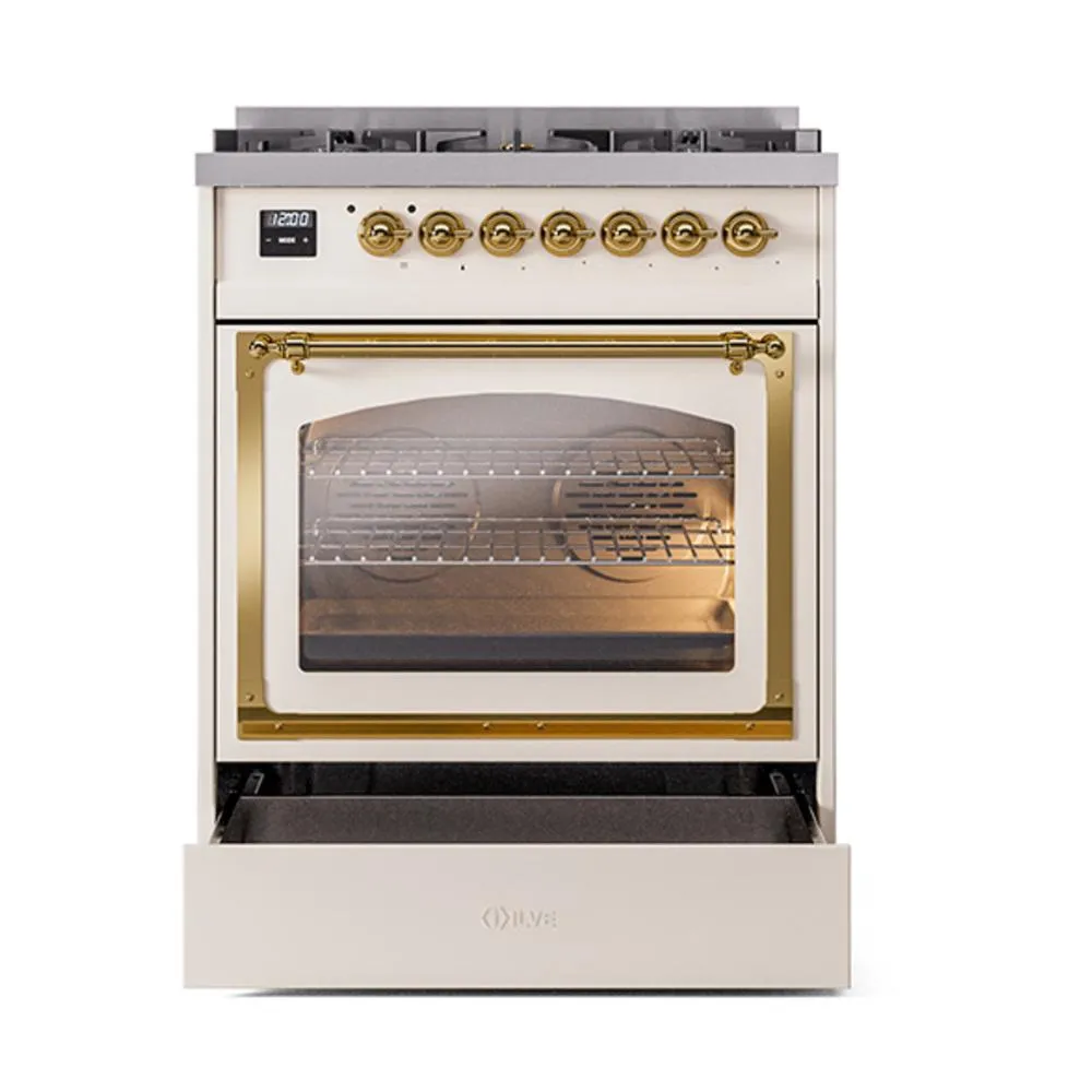 Ilve UN30NMPAWGLP Ilve Un30Nmpawglp Nostalgie Ii Noblesse 30" Dual Fuel Range (Liquid Propane, Triple Glass Door, Antique White, Brass)