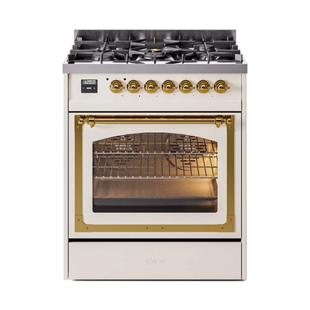 Ilve UN30NMPAWGLP Ilve Un30Nmpawglp Nostalgie Ii Noblesse 30" Dual Fuel Range (Liquid Propane, Triple Glass Door, Antique White, Brass)