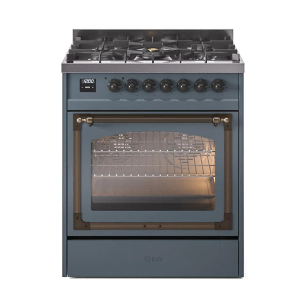 Ilve UN30NMPBGB Ilve Un30Nmpbgb Nostalgie Ii Noblesse 30" Dual Fuel Range (Natural Gas, Triple Glass Door, Blue Grey, Burnished)