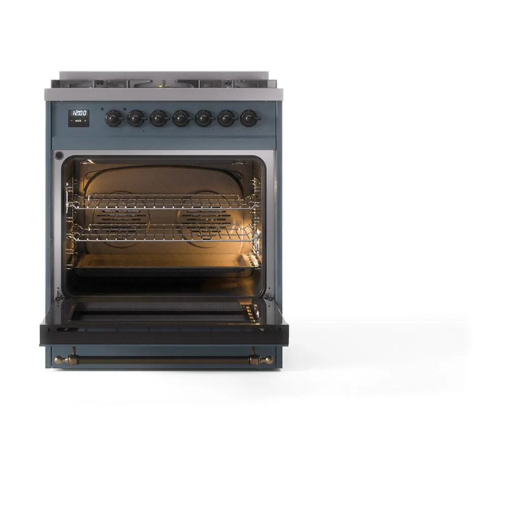 Ilve UN30NMPBGBLP Ilve Un30Nmpbgblp Nostalgie Ii Noblesse 30" Dual Fuel Range (Liquid Propane, Triple Glass Door, Blue Grey, Burnished)