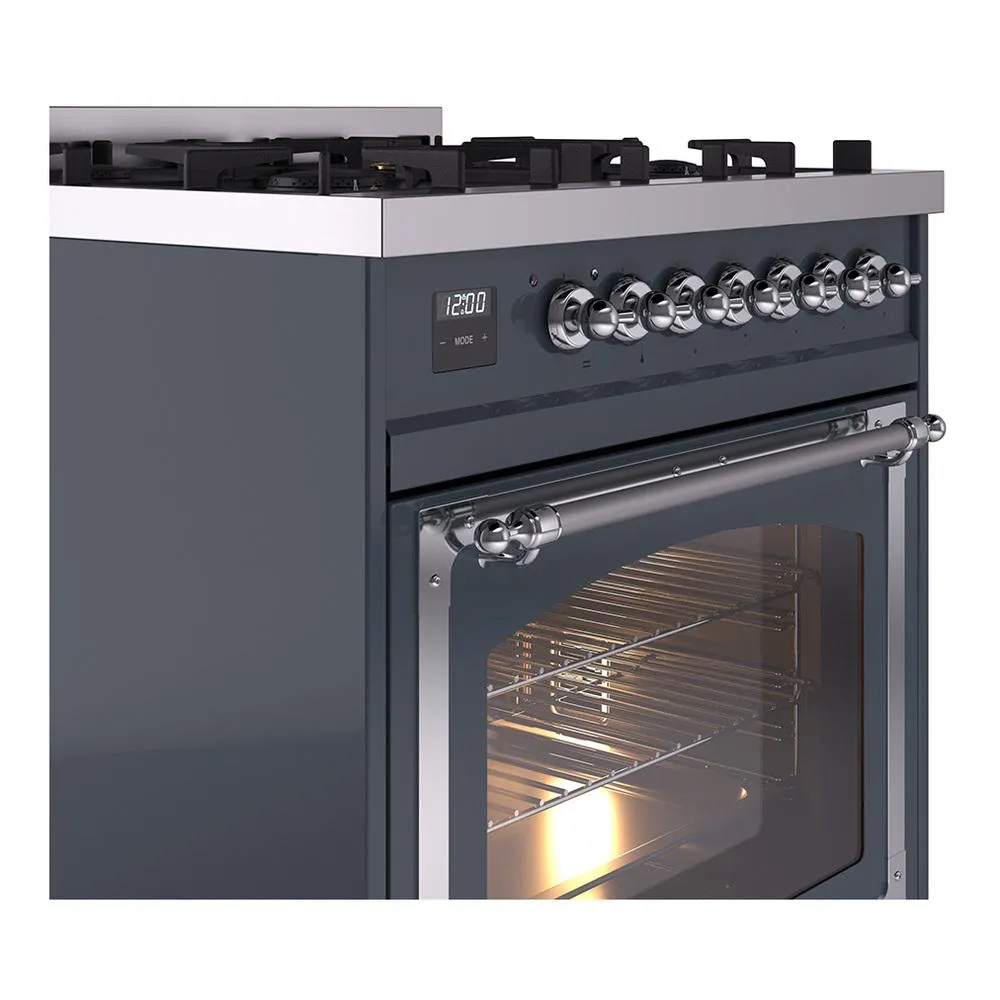 Ilve UN30NMPBGC Ilve Un30Nmpbgc Nostalgie Ii Noblesse 30" Dual Fuel Range (Natural Gas, Triple Glass Door, Blue Grey, Chrome)