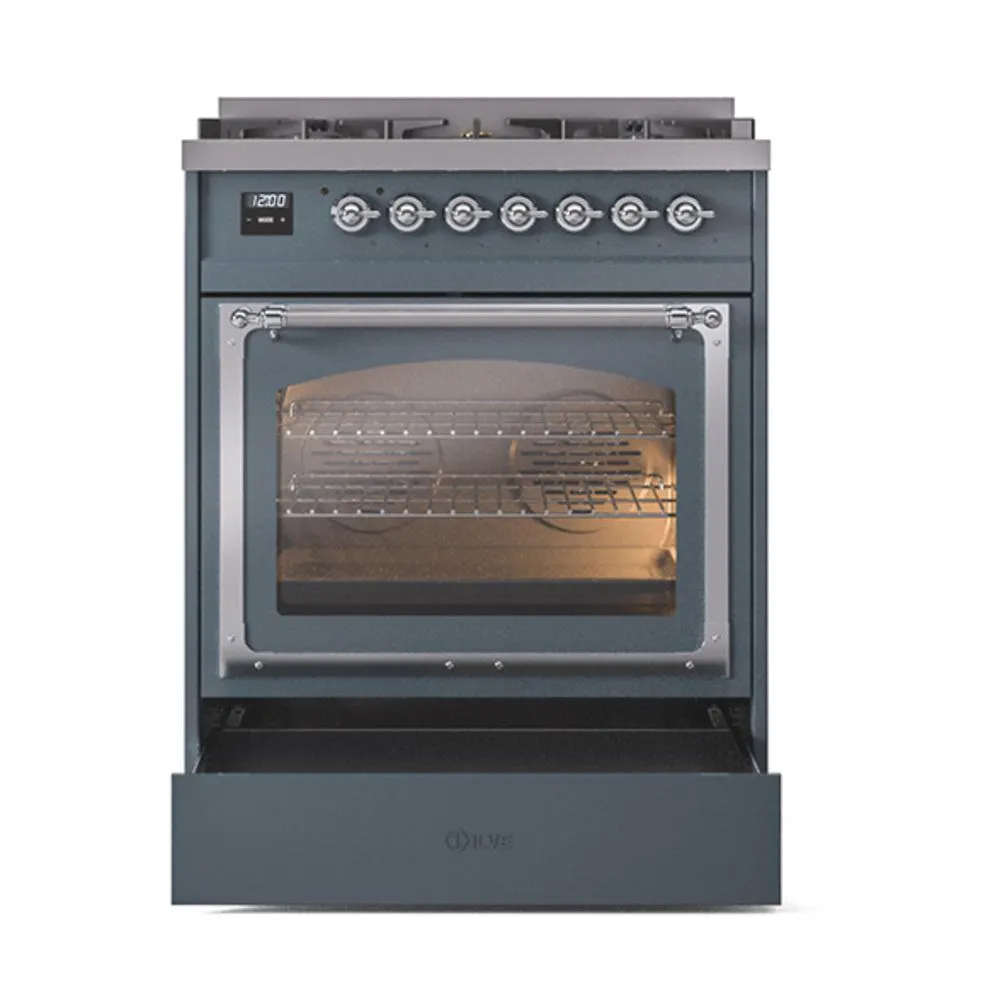 Ilve UN30NMPBGC Ilve Un30Nmpbgc Nostalgie Ii Noblesse 30" Dual Fuel Range (Natural Gas, Triple Glass Door, Blue Grey, Chrome)