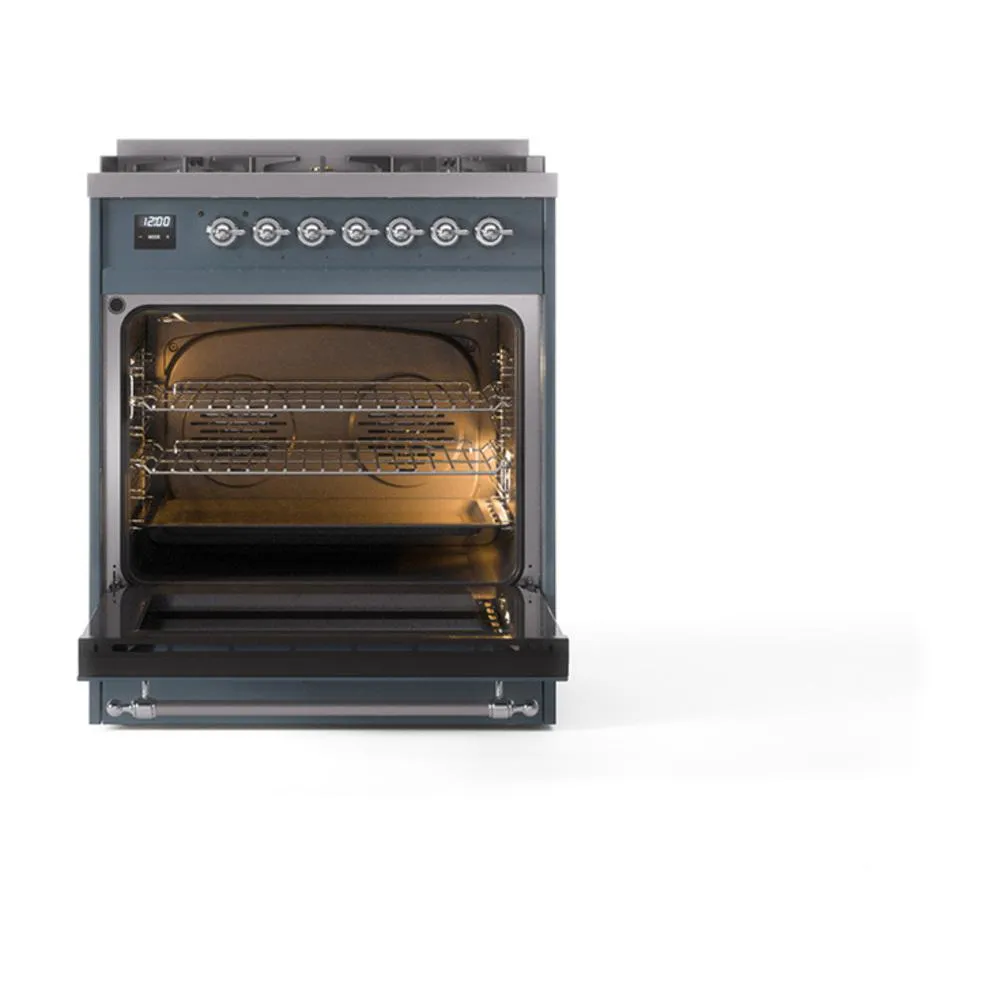 Ilve UN30NMPBGC Ilve Un30Nmpbgc Nostalgie Ii Noblesse 30" Dual Fuel Range (Natural Gas, Triple Glass Door, Blue Grey, Chrome)