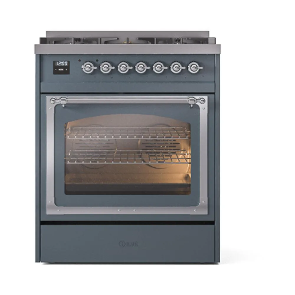 Ilve UN30NMPBGCLP Ilve Un30Nmpbgclp Nostalgie Ii Noblesse 30" Dual Fuel Range (Liquid Propane, Triple Glass Door, Blue Grey, Chrome)
