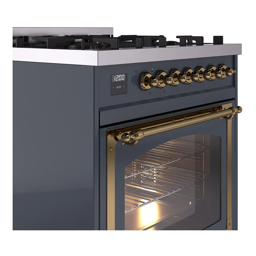 Ilve UN30NMPBGG Ilve Un30Nmpbgg Nostalgie Ii Noblesse 30" Dual Fuel Range (Natural Gas, Triple Glass Door, Blue Grey, Brass)