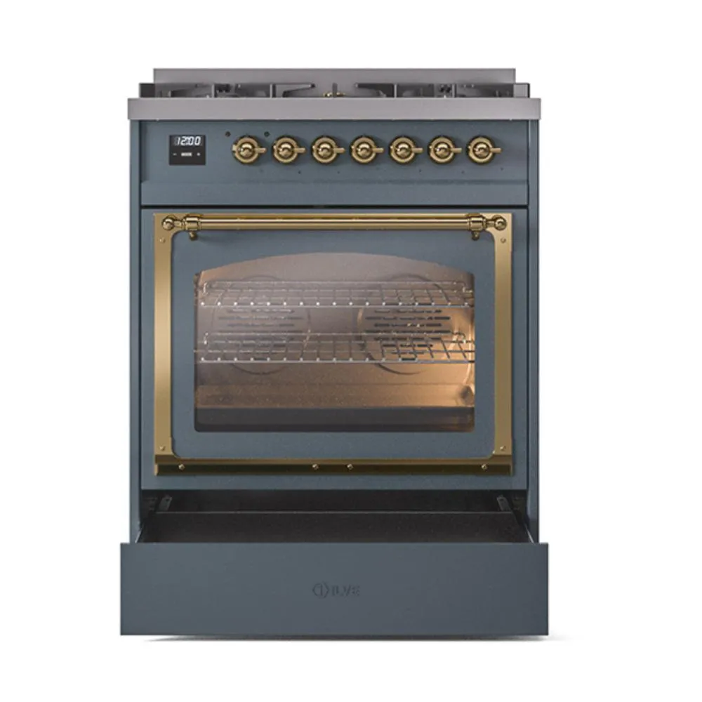 Ilve UN30NMPBGGLP Ilve Un30Nmpbgglp Nostalgie Ii Noblesse 30" Dual Fuel Range (Liquid Propane, Triple Glass Door, Blue Grey, Brass)