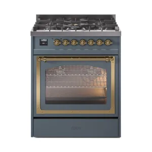 Ilve UN30NMPBGGLP Ilve Un30Nmpbgglp Nostalgie Ii Noblesse 30" Dual Fuel Range (Liquid Propane, Triple Glass Door, Blue Grey, Brass)