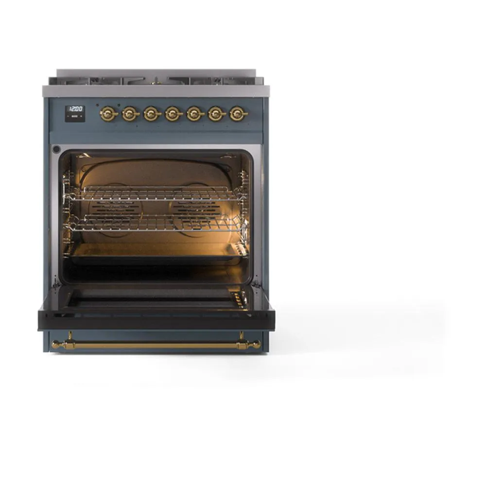 Ilve UN30NMPBGGLP Ilve Un30Nmpbgglp Nostalgie Ii Noblesse 30" Dual Fuel Range (Liquid Propane, Triple Glass Door, Blue Grey, Brass)
