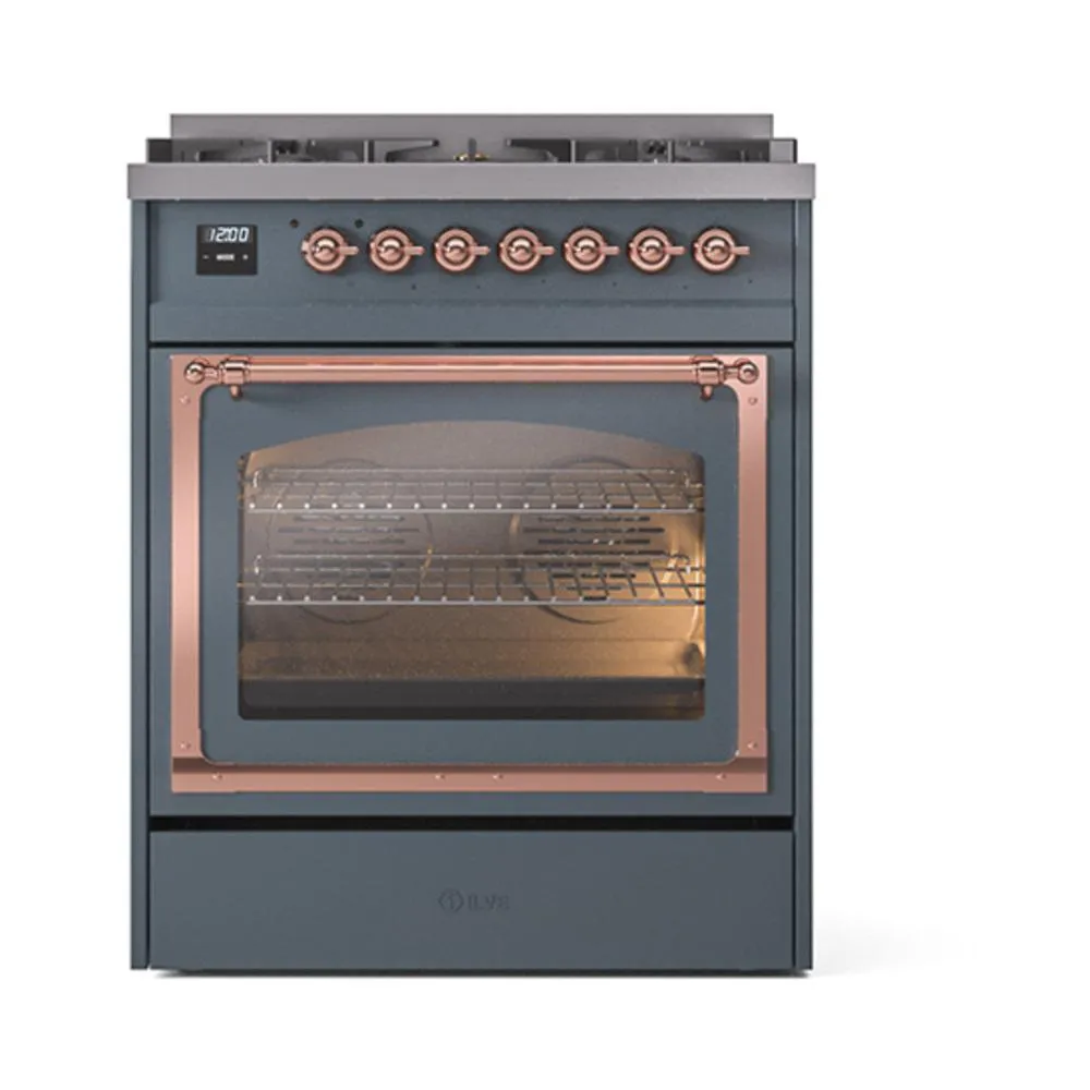 Ilve UN30NMPBGP Ilve Un30Nmpbgp Nostalgie Ii Noblesse 30" Dual Fuel Range (Natural Gas, Triple Glass Door, Blue Grey, Copper)
