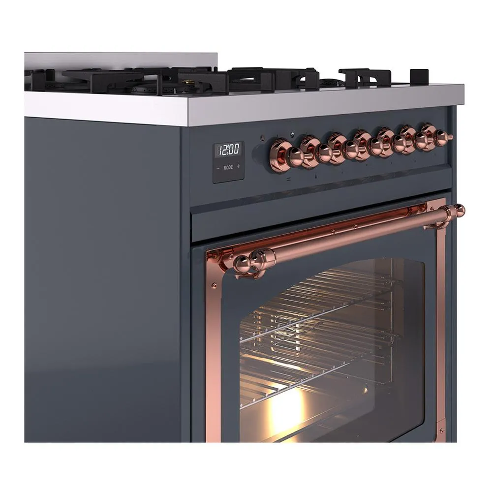 Ilve UN30NMPBGP Ilve Un30Nmpbgp Nostalgie Ii Noblesse 30" Dual Fuel Range (Natural Gas, Triple Glass Door, Blue Grey, Copper)