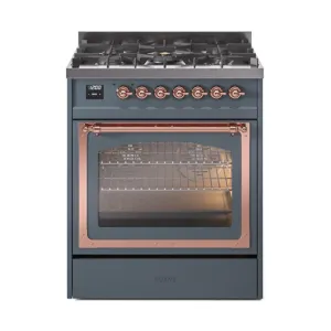 Ilve UN30NMPBGP Ilve Un30Nmpbgp Nostalgie Ii Noblesse 30" Dual Fuel Range (Natural Gas, Triple Glass Door, Blue Grey, Copper)