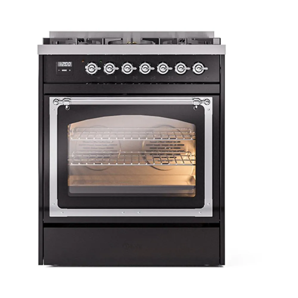 Ilve UN30NMPBKC Ilve Un30Nmpbkc Nostalgie Ii Noblesse 30" Dual Fuel Range (Natural Gas, Triple Glass Door, Glossy Black, Chrome)
