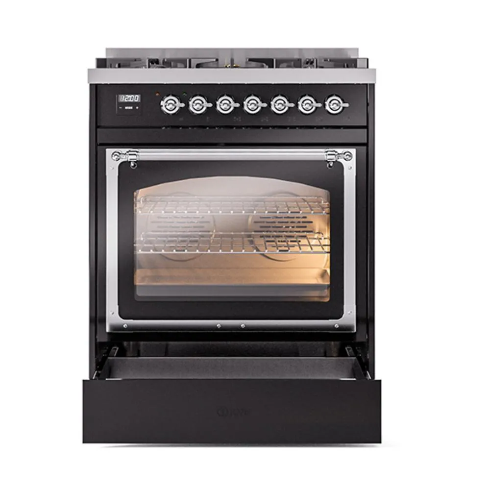 Ilve UN30NMPBKC Ilve Un30Nmpbkc Nostalgie Ii Noblesse 30" Dual Fuel Range (Natural Gas, Triple Glass Door, Glossy Black, Chrome)