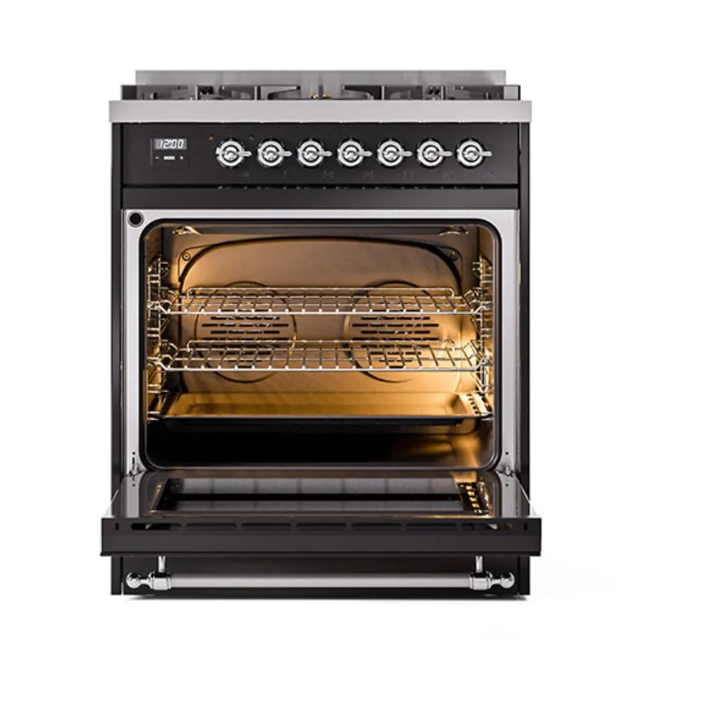Ilve UN30NMPBKC Ilve Un30Nmpbkc Nostalgie Ii Noblesse 30" Dual Fuel Range (Natural Gas, Triple Glass Door, Glossy Black, Chrome)