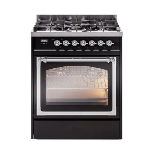 Ilve UN30NMPBKC Ilve Un30Nmpbkc Nostalgie Ii Noblesse 30" Dual Fuel Range (Natural Gas, Triple Glass Door, Glossy Black, Chrome)