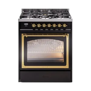 Ilve UN30NMPBKG Ilve Un30Nmpbkg Nostalgie Ii Noblesse 30" Dual Fuel Range (Natural Gas, Triple Glass Door, Glossy Black, Brass)