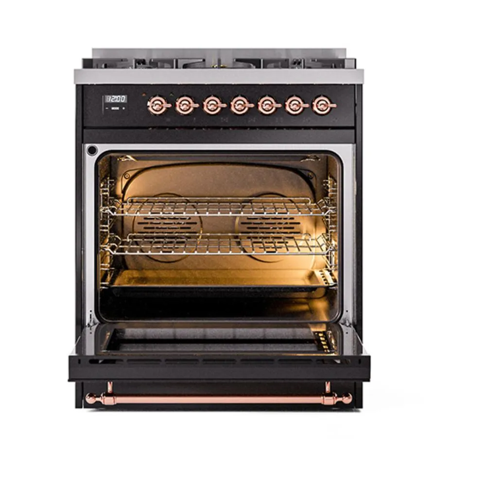 Ilve UN30NMPBKPLP Ilve Un30Nmpbkplp Nostalgie Ii Noblesse 30" Dual Fuel Range (Liquid Propane, Triple Glass Door, Glossy Black, Copper)