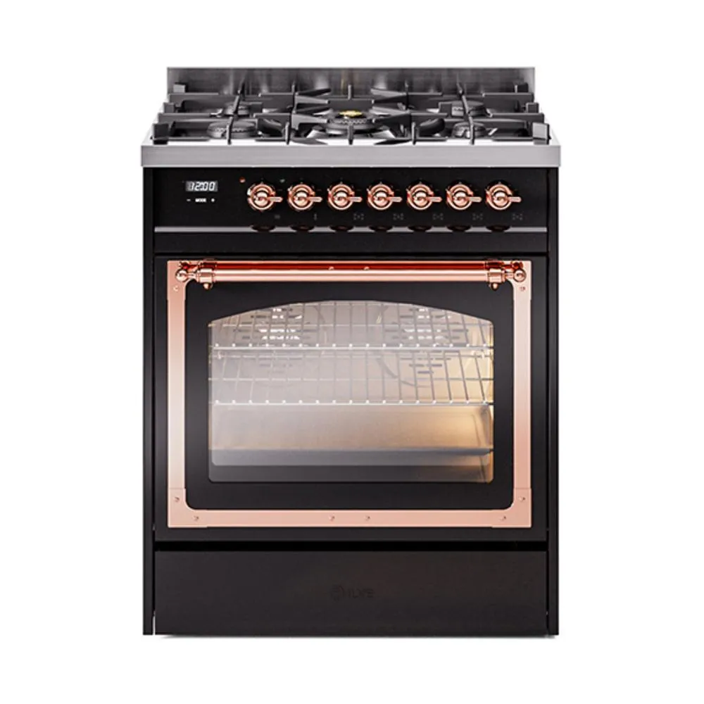 Ilve UN30NMPBKPLP Ilve Un30Nmpbkplp Nostalgie Ii Noblesse 30" Dual Fuel Range (Liquid Propane, Triple Glass Door, Glossy Black, Copper)