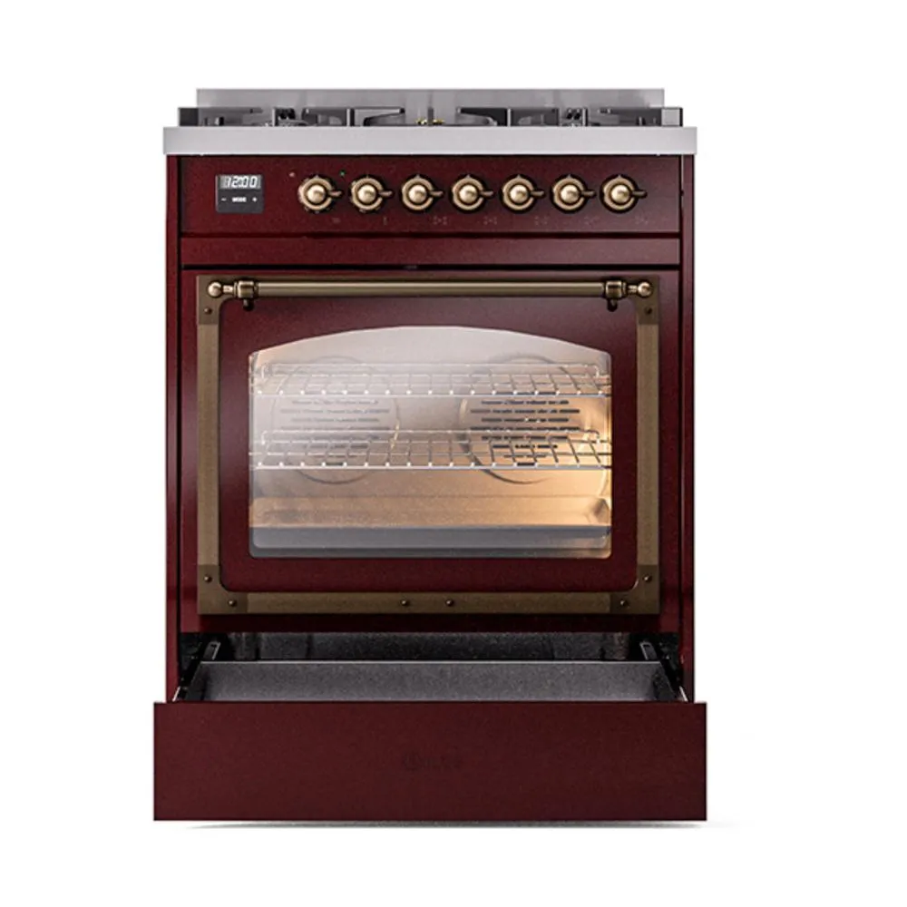 Ilve UN30NMPBUBLP Ilve Un30Nmpbublp Nostalgie Ii Noblesse 30" Dual Fuel Range (Liquid Propane, Triple Glass Door, Burgundy, Burnished)