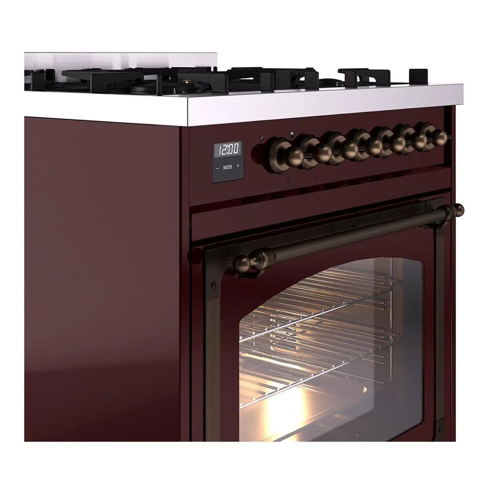 Ilve UN30NMPBUBLP Ilve Un30Nmpbublp Nostalgie Ii Noblesse 30" Dual Fuel Range (Liquid Propane, Triple Glass Door, Burgundy, Burnished)