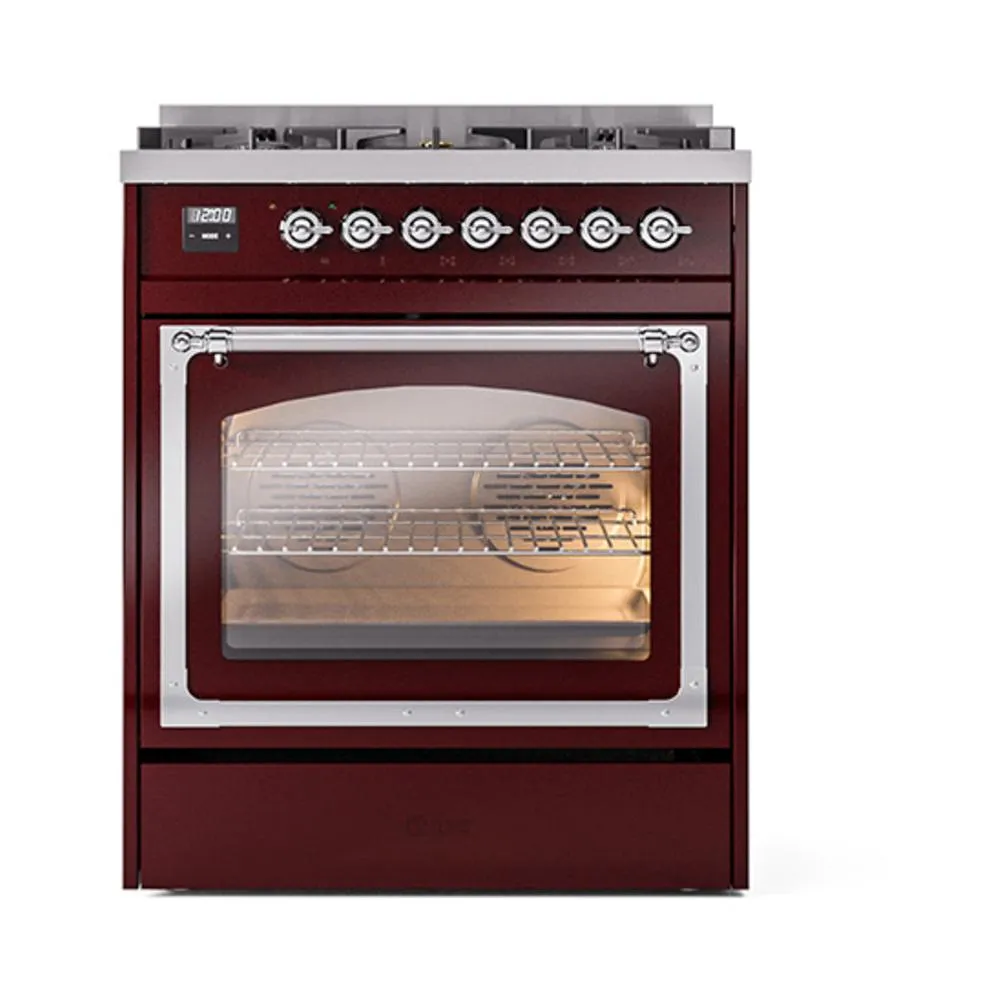 Ilve UN30NMPBUC Ilve Un30Nmpbuc Nostalgie Ii Noblesse 30" Dual Fuel Range (Natural Gas, Triple Glass Door, Burgundy, Chrome)