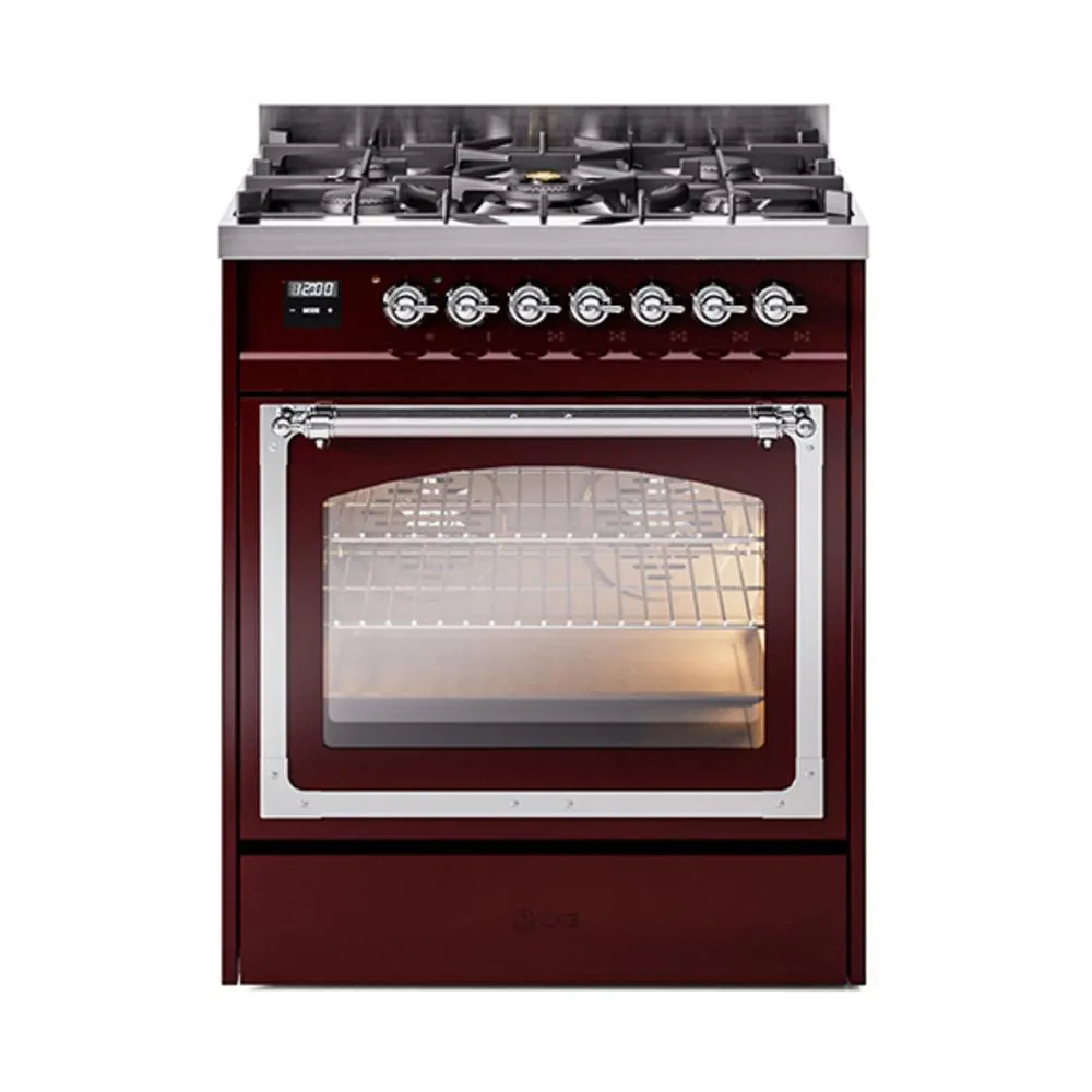 Ilve UN30NMPBUCLP Ilve Un30Nmpbuclp Nostalgie Ii Noblesse 30" Dual Fuel Range (Liquid Propane, Triple Glass Door, Burgundy, Chrome)