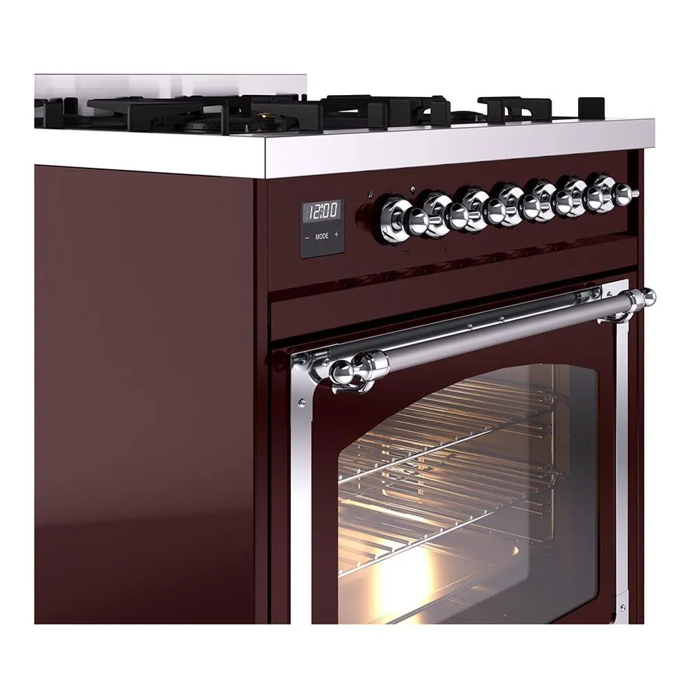 Ilve UN30NMPBUCLP Ilve Un30Nmpbuclp Nostalgie Ii Noblesse 30" Dual Fuel Range (Liquid Propane, Triple Glass Door, Burgundy, Chrome)