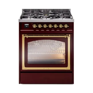 Ilve UN30NMPBUG Ilve Un30Nmpbug Nostalgie Ii Noblesse 30" Dual Fuel Range (Natural Gas, Triple Glass Door, Burgundy, Brass)