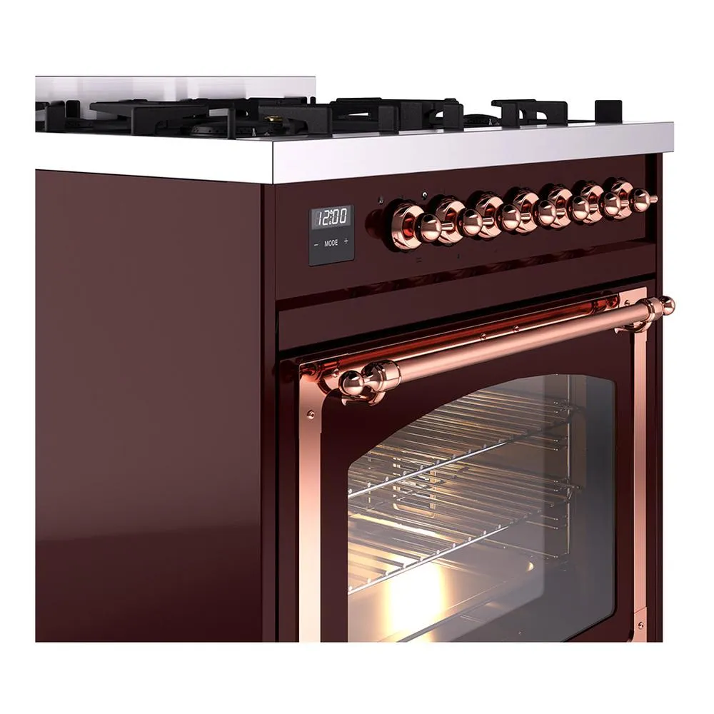 Ilve UN30NMPBUP Ilve Un30Nmpbup Nostalgie Ii Noblesse 30" Dual Fuel Range (Natural Gas, Triple Glass Door, Burgundy, Copper)