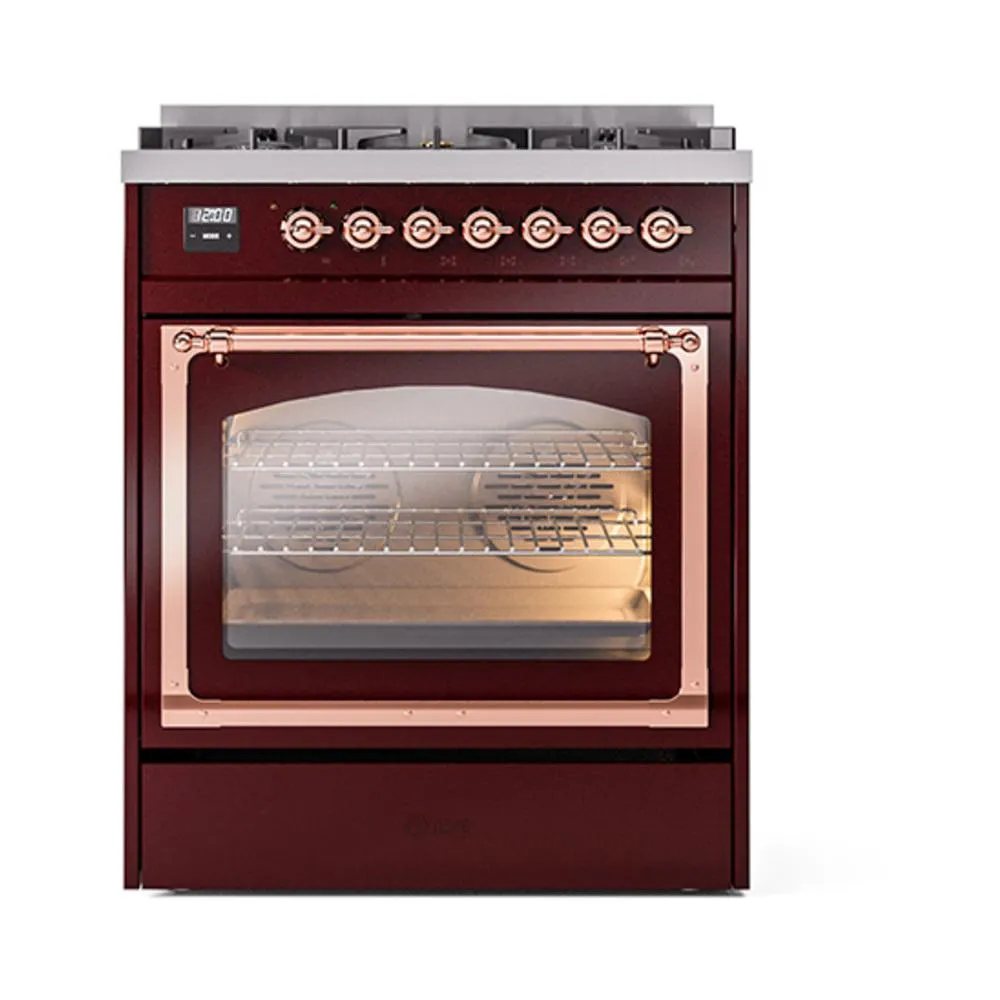 Ilve UN30NMPBUP Ilve Un30Nmpbup Nostalgie Ii Noblesse 30" Dual Fuel Range (Natural Gas, Triple Glass Door, Burgundy, Copper)