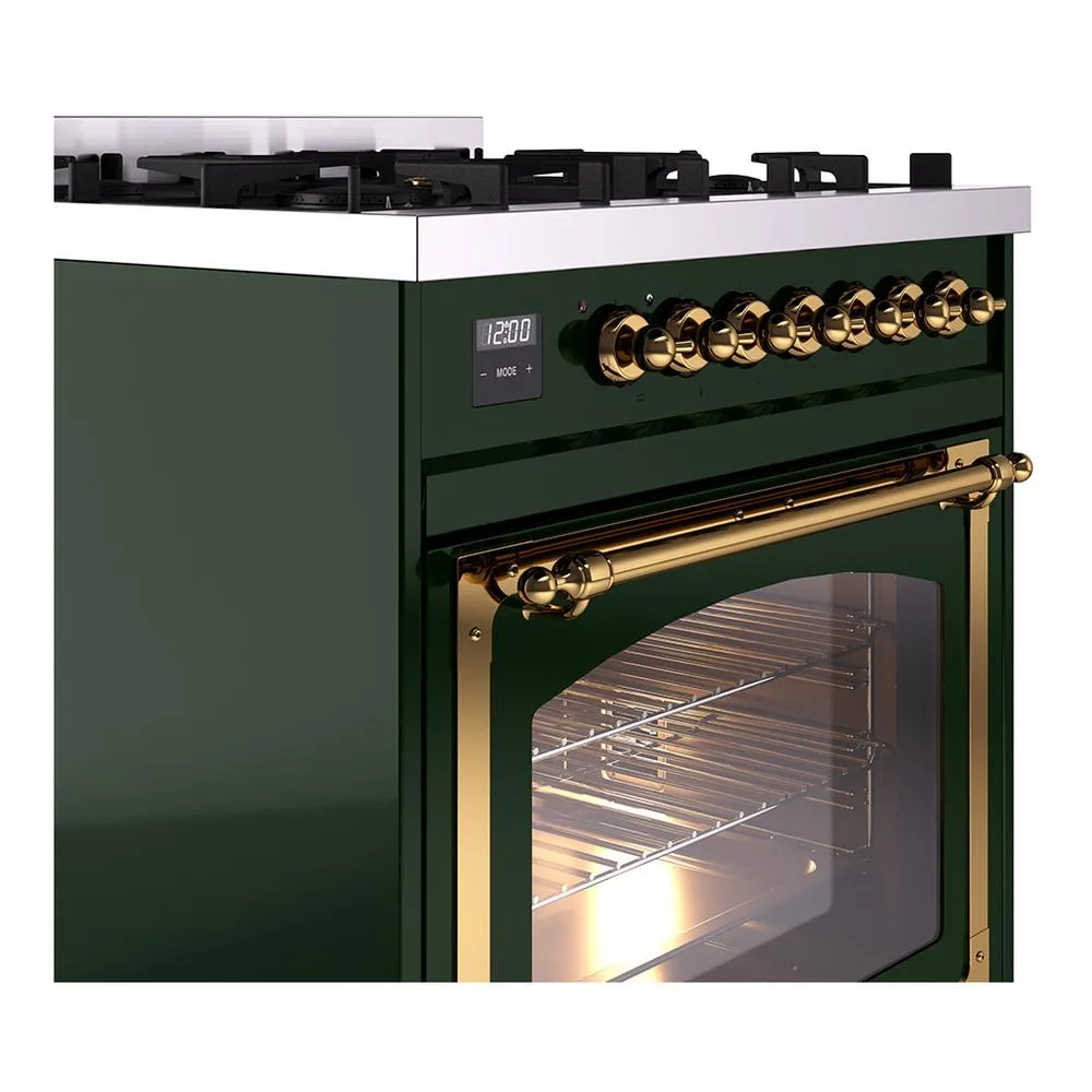 Ilve UN30NMPEGG Ilve Un30Nmpegg Nostalgie Ii Noblesse 30" Dual Fuel Range (Natural Gas, Triple Glass Door, Emerald Green, Brass)