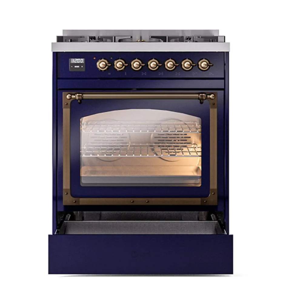 Ilve UN30NMPMBB Ilve Un30Nmpmbb Nostalgie Ii Noblesse 30" Dual Fuel Range (Natural Gas, Triple Glass Door, Midnight Blue, Burnished)