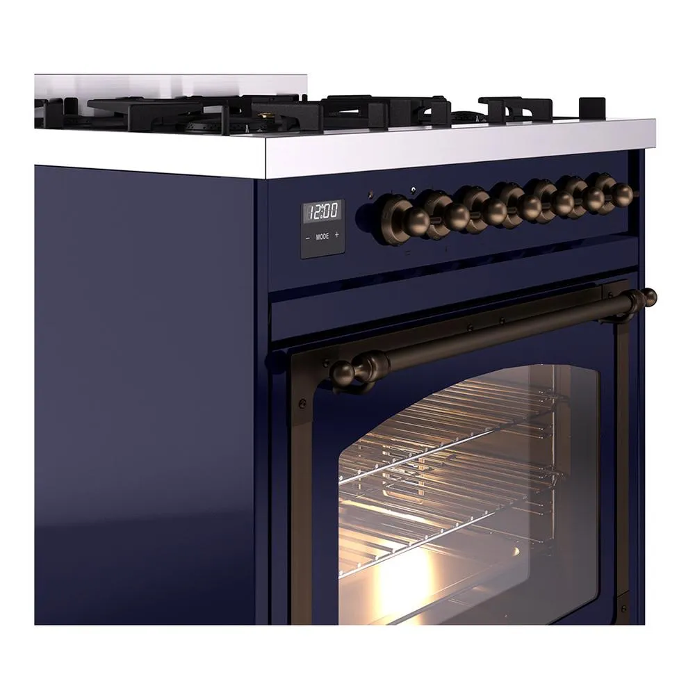 Ilve UN30NMPMBB Ilve Un30Nmpmbb Nostalgie Ii Noblesse 30" Dual Fuel Range (Natural Gas, Triple Glass Door, Midnight Blue, Burnished)