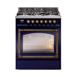 Ilve UN30NMPMBB Ilve Un30Nmpmbb Nostalgie Ii Noblesse 30" Dual Fuel Range (Natural Gas, Triple Glass Door, Midnight Blue, Burnished)