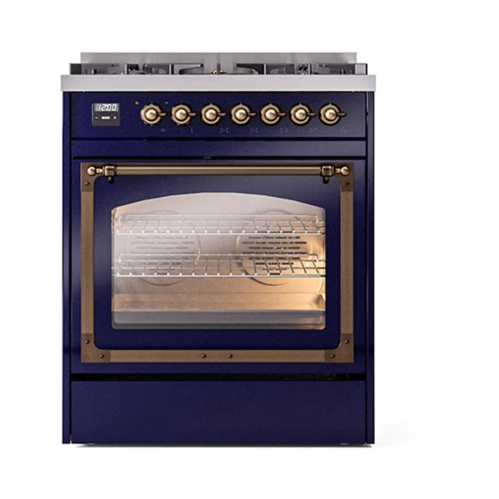 Ilve UN30NMPMBBLP Ilve Un30Nmpmbblp Nostalgie Ii Noblesse 30" Dual Fuel Range (Liquid Propane, Triple Glass Door, Midnight Blue, Burnished)