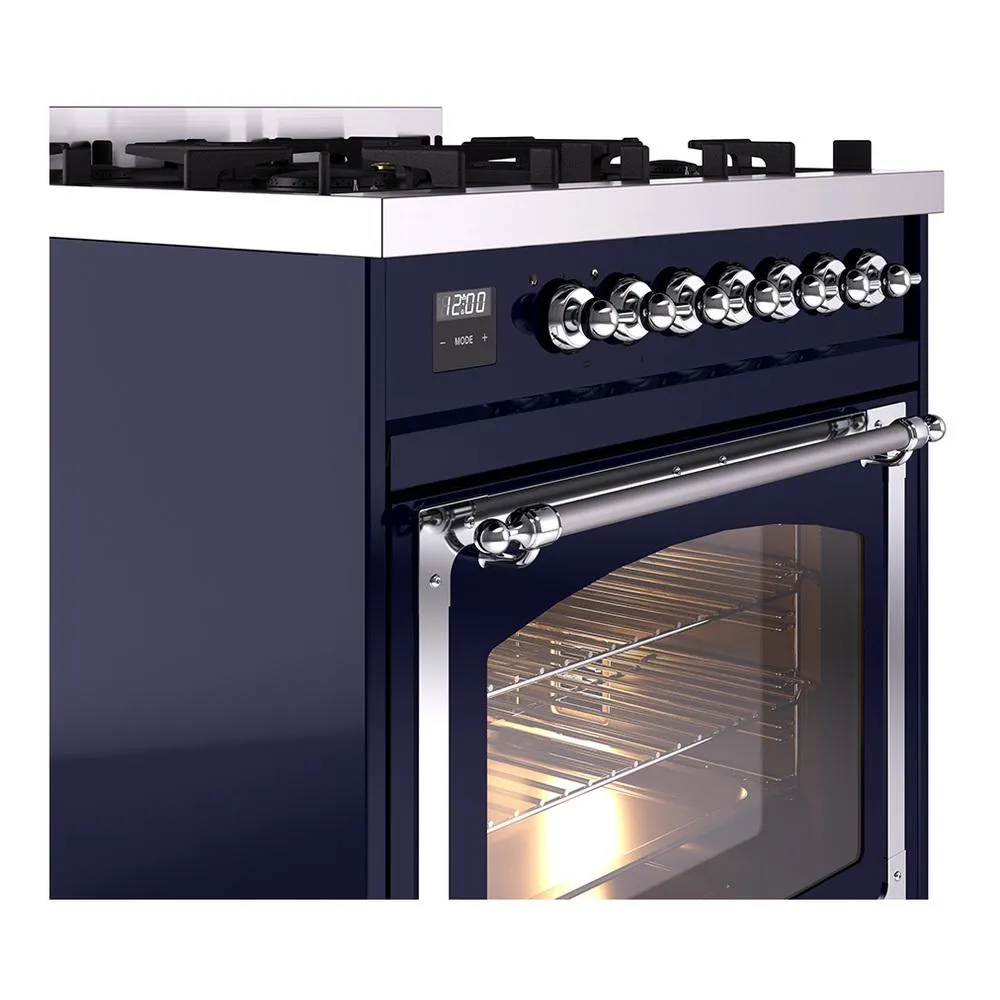 Ilve UN30NMPMBC Ilve Un30Nmpmbc Nostalgie Ii Noblesse 30" Dual Fuel Range (Natural Gas, Triple Glass Door, Midnight Blue, Chrome)