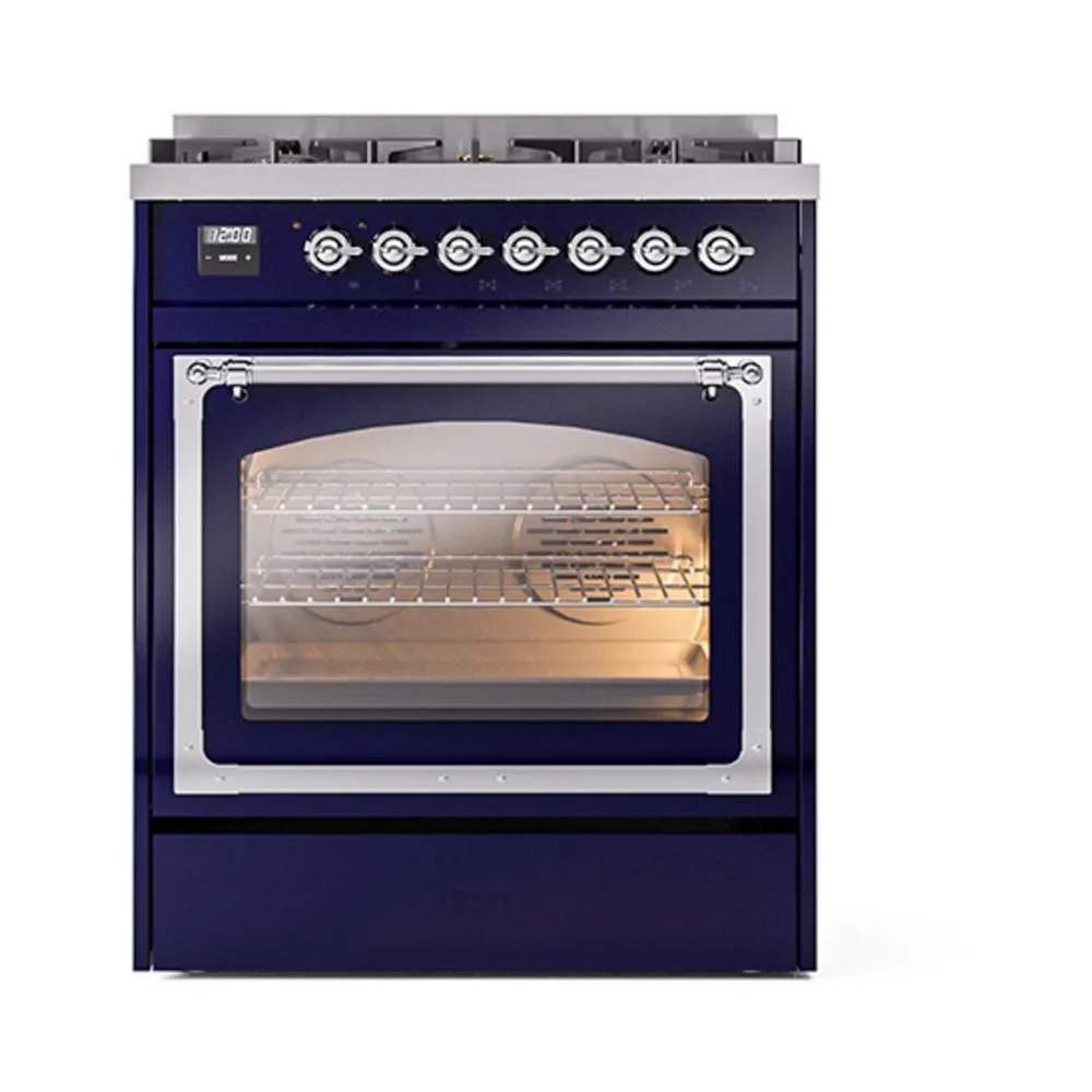 Ilve UN30NMPMBC Ilve Un30Nmpmbc Nostalgie Ii Noblesse 30" Dual Fuel Range (Natural Gas, Triple Glass Door, Midnight Blue, Chrome)