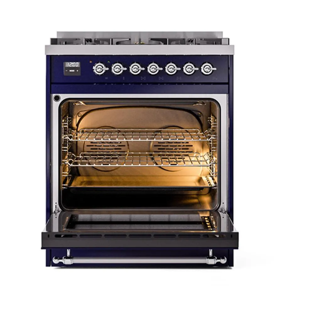 Ilve UN30NMPMBC Ilve Un30Nmpmbc Nostalgie Ii Noblesse 30" Dual Fuel Range (Natural Gas, Triple Glass Door, Midnight Blue, Chrome)
