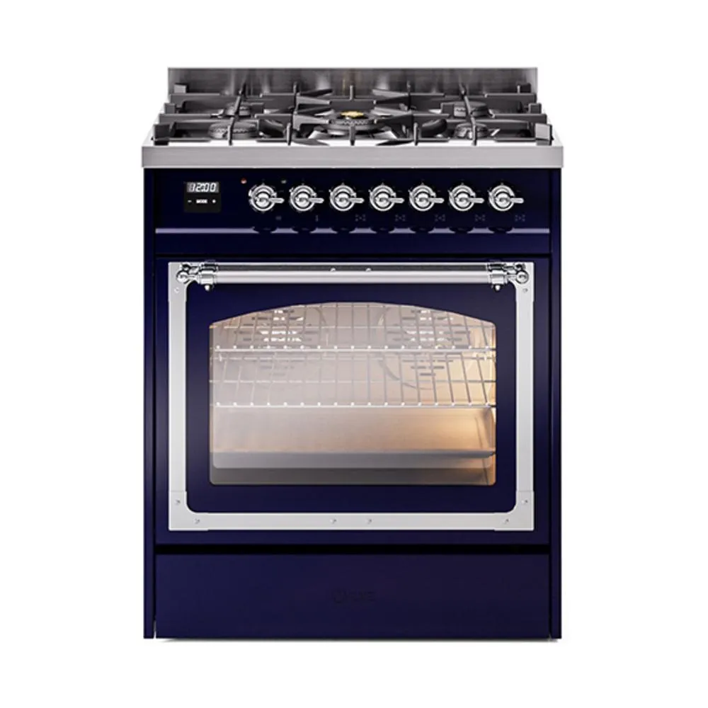 Ilve UN30NMPMBC Ilve Un30Nmpmbc Nostalgie Ii Noblesse 30" Dual Fuel Range (Natural Gas, Triple Glass Door, Midnight Blue, Chrome)